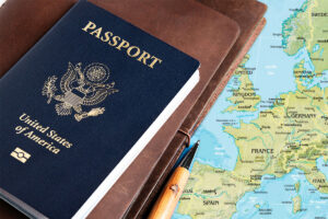 US passport on map