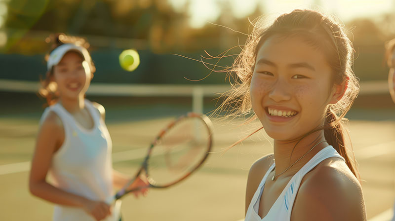 High school friends playing tennis