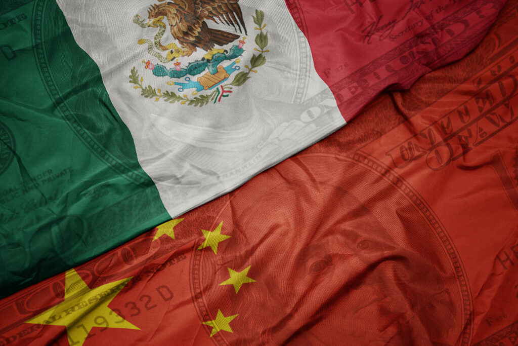 Mexico and China flags with USD background