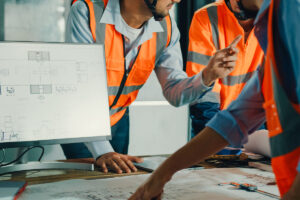 Closeup of team of industrial engineers meeting analyze machinery blueprints consult project on table in manufacturing factory