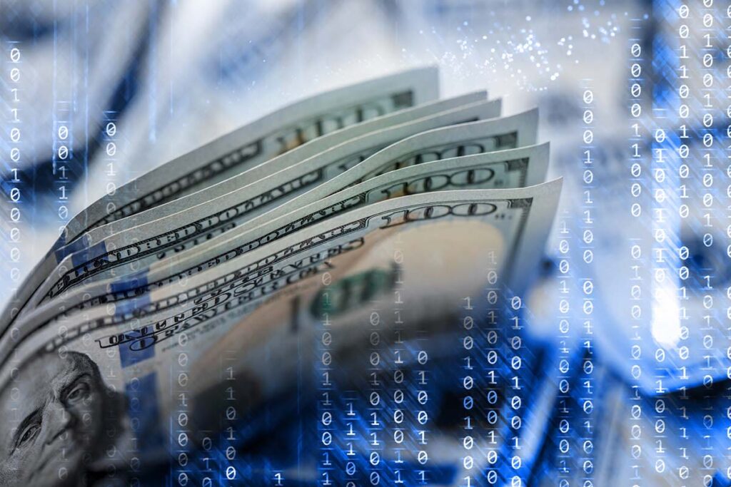 Binary code abstract background with US $100 dollar banknotes. Can illustrate the concept of digital money transfer, global finance, e-commerce, financial security, digital currency, etc.