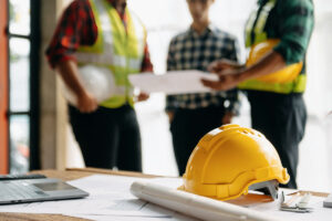 Engineer teams meeting working together wear worker helmets hardhat on construction site in modern city