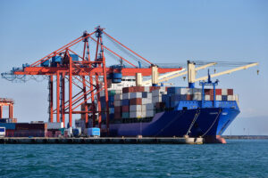 Container ship docked at port