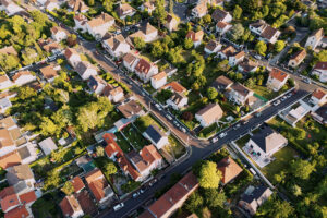 Aerial view over houses in Paris suburb - stock photo