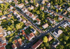 Aerial view over houses in Paris suburb - stock photo