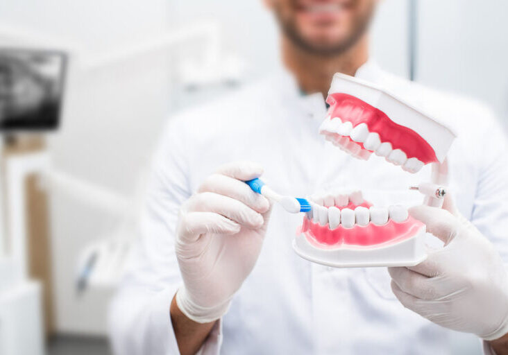 Dentist teaching right way brushing teeth using human teeth model at a dental clinic, close up.