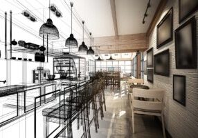 Sketch design of coffee shop, 3d wire frame render